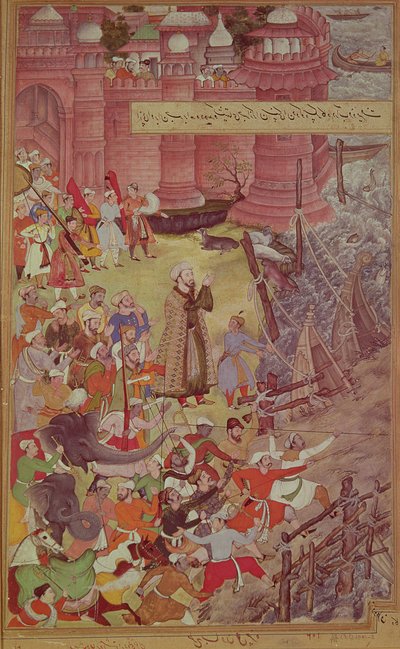 A Bridge of boats broken by Akbar on his elephant while crossing the river Jumna, from the Akbarnama, c.1590 (detail) by Mughal School
